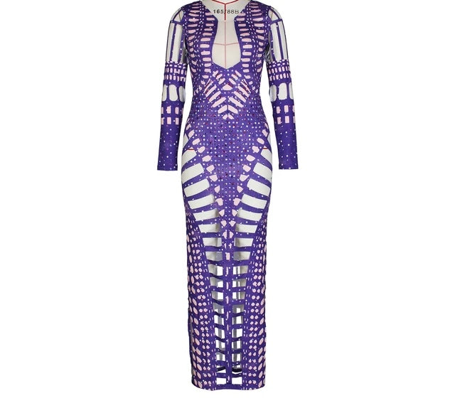 Gizzy 3D Print Long Sleeve Diamonds Hot Rhinestones Bodycon