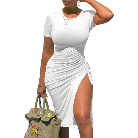 Vamoitya Womens Sexy Summer Bodycon Dress Short Sleeve T Shirt Dress Solid Color White XL Drawstring Beach Dress