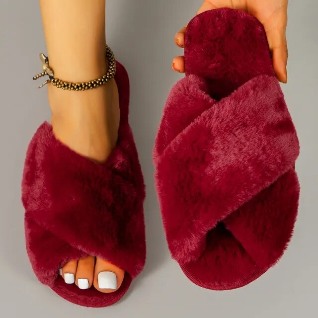 Soft Fluffy Fur Slippers New Women Winter House Warm Furry Slippers Women Flip Flops Home Slides Flat Indoor Floor Shoes