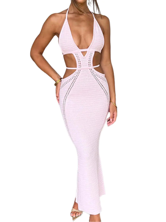 Ryehack Womens Halter Crochet Dress Summer Sleeveless Backless V Neck Hollow Out Maxi Dress Beach Vacation Dress Pink