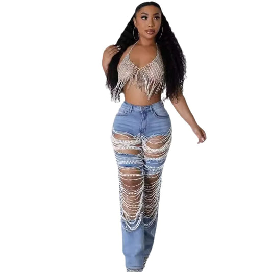 Chain Bead Ornament Denim Pants